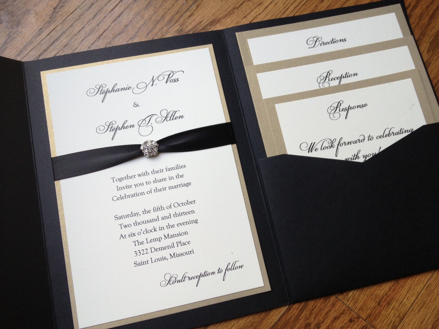 Glamourous Pocket Wedding Invitation in Eggplant and Gold Shimmer Paper, Rhinestone Buckle, Plum Satin Ribbon for Elegant, Classic Wedding