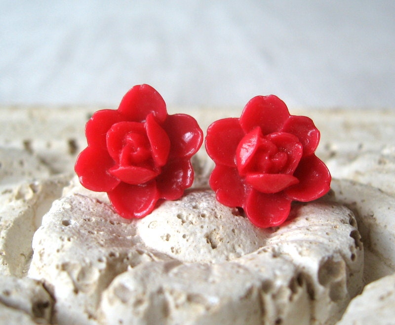 Red Rosebud Earrings, Cherry Red Flower Earrings, Flower Stud Earrings