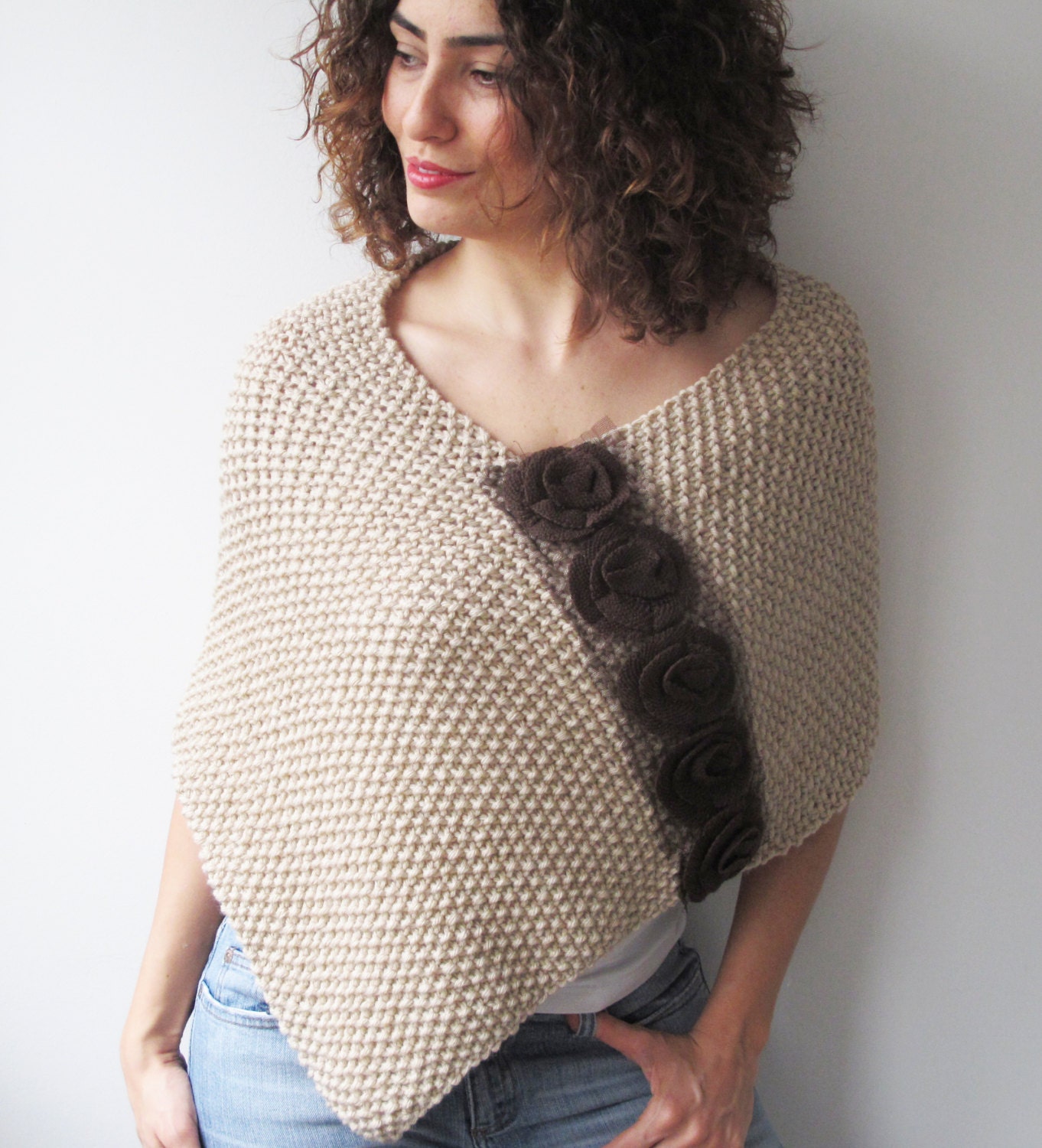 Ecru Poncho with Brown Roses Scarf - Cape - Capalet by Afra