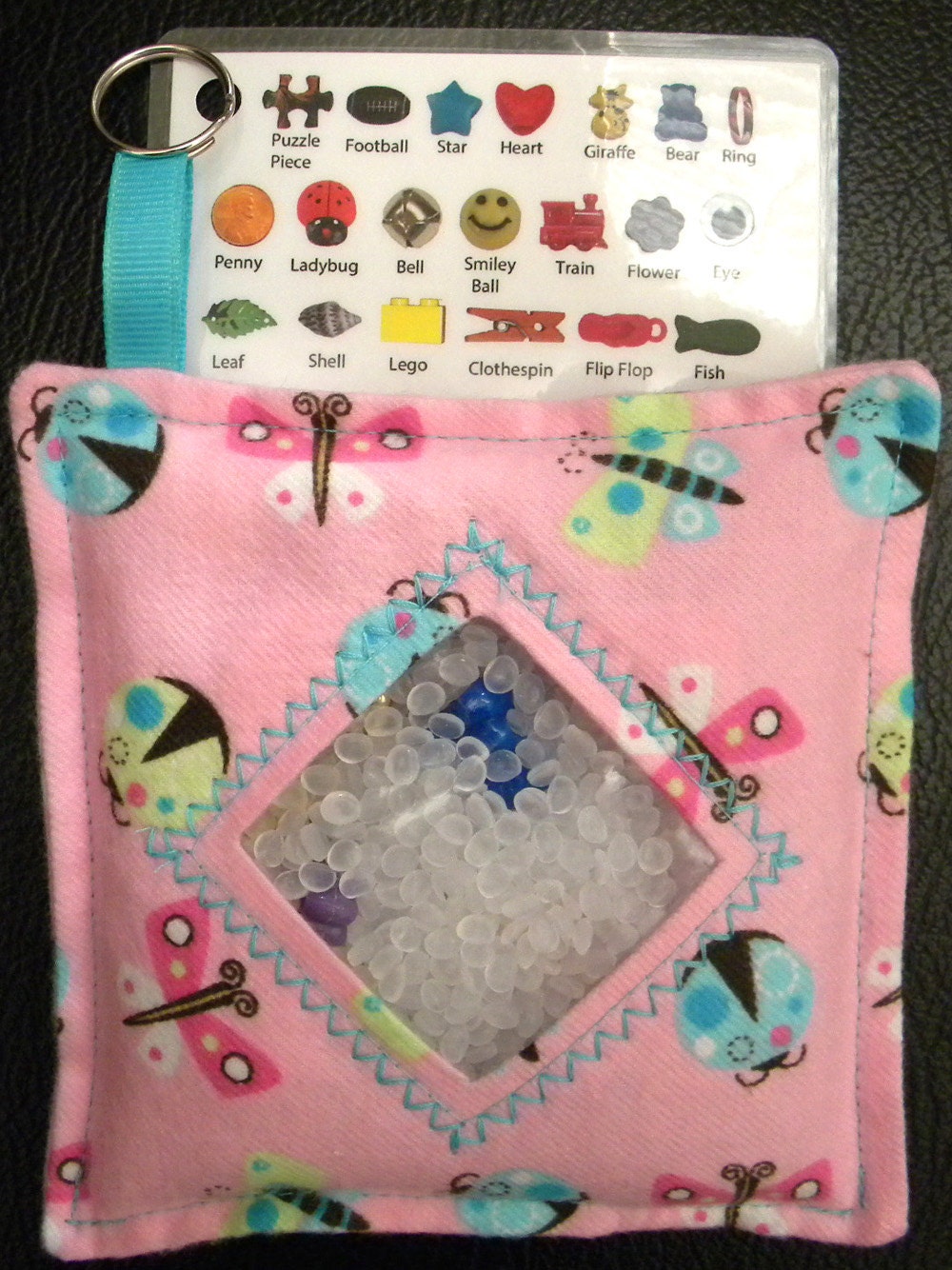 I Spy Bag - Mini with SEWN Word List and Detachable PICTURE LIST- Pink Butterflies and Ladybugs