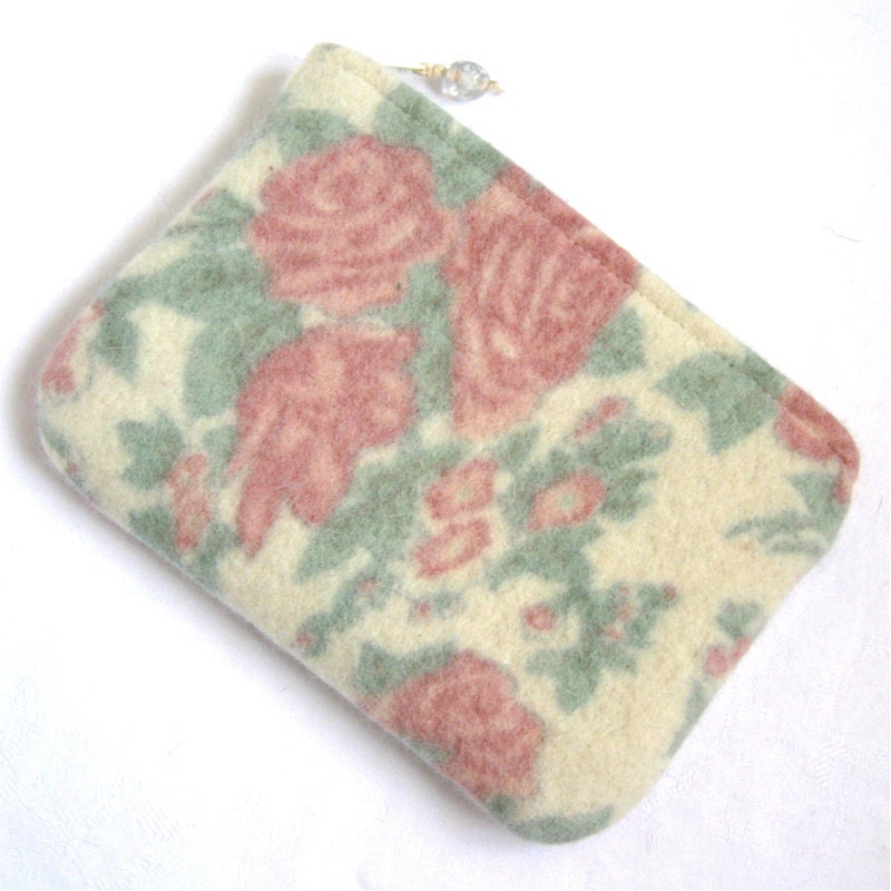 Floral Wool Zip Pouch, Recycled Sweater Wool Clutch