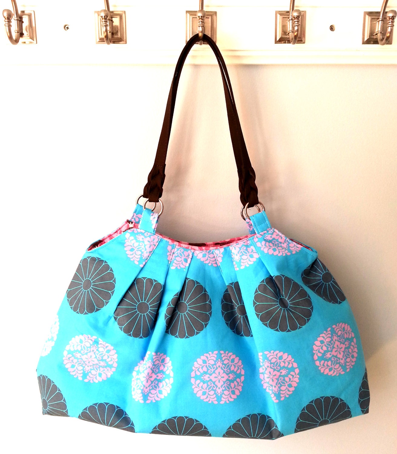 Shoulder Handbag/Tote/Purse Handmade with Amy Butler Fabric Cameo Pressed Flowers Blue Navy Pink