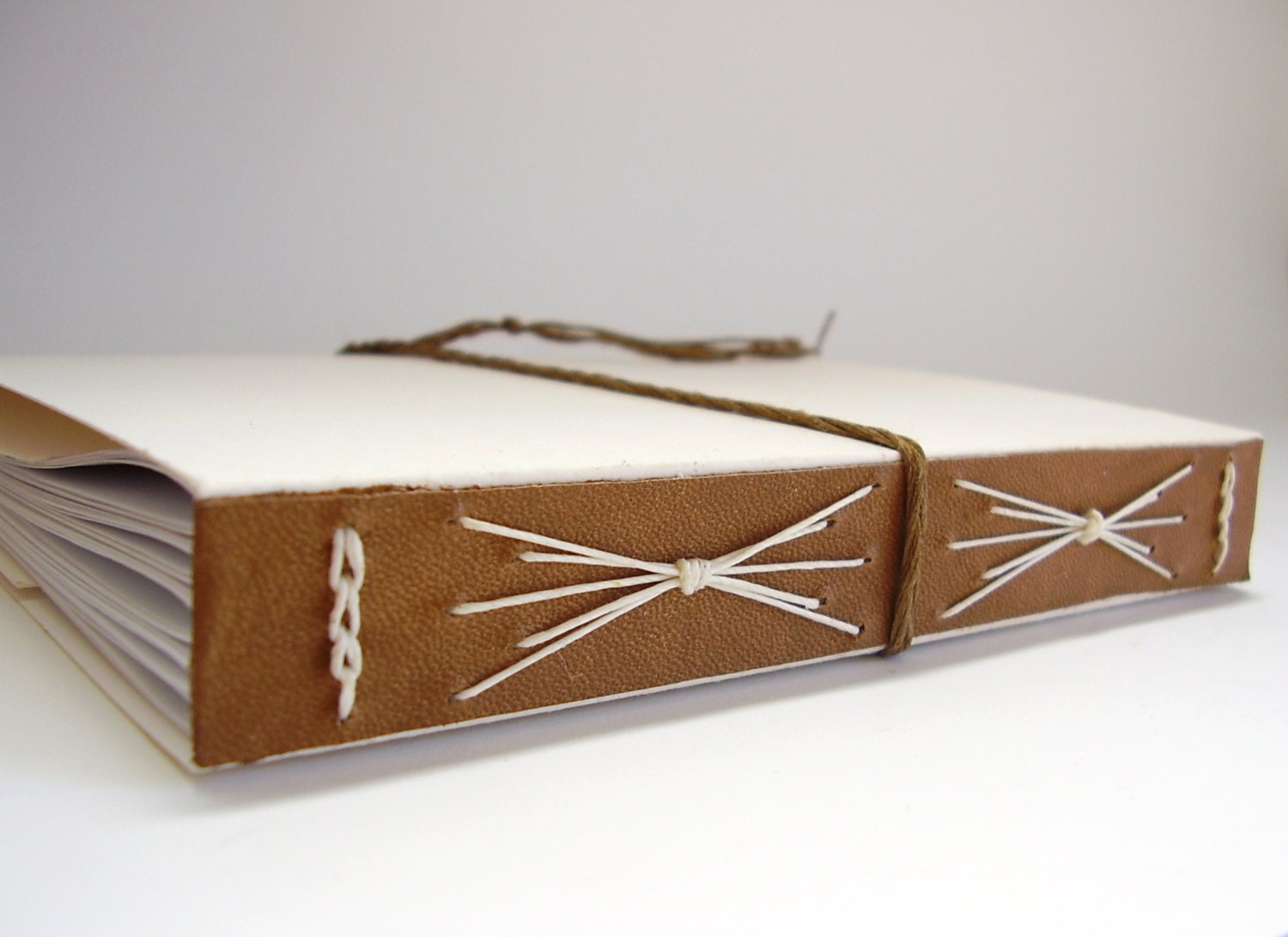 Hand bound Long Stitch Link Stitch Journal, Brown Leather Stitched White Journal