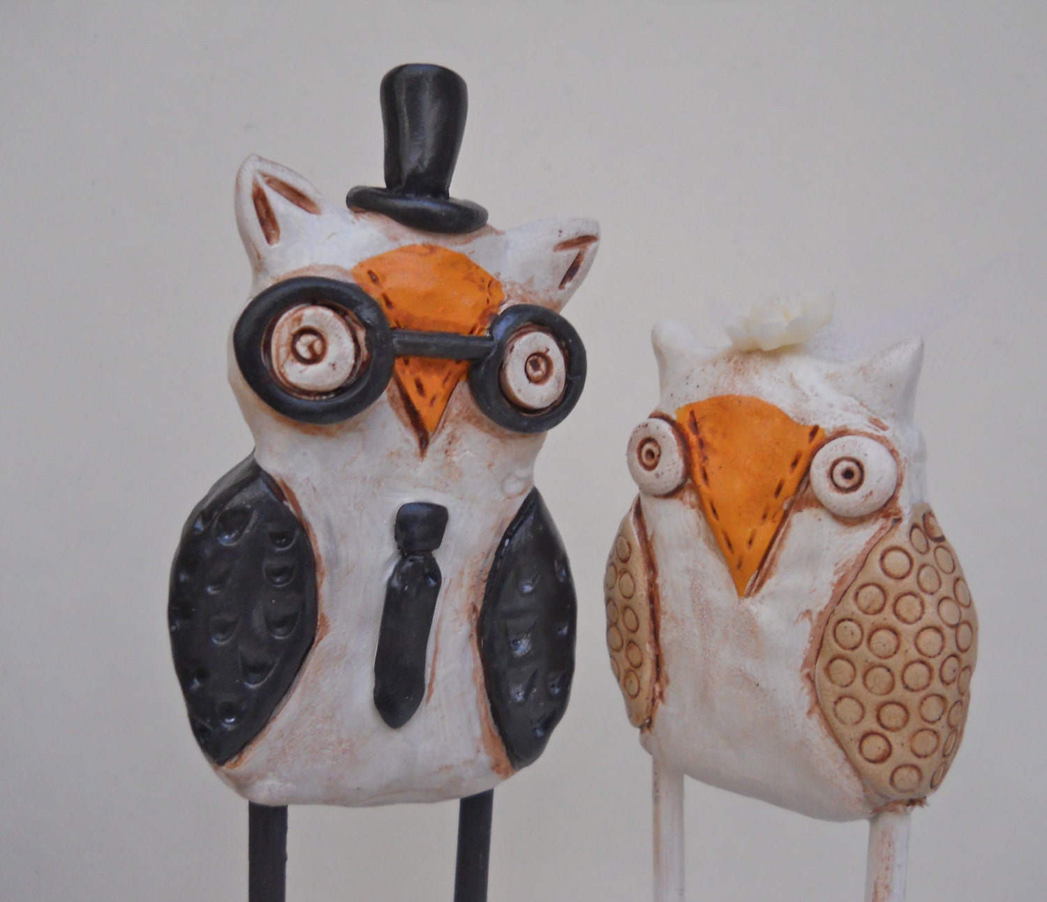 Black and White Owls in Love Folk Art wedding cake topper