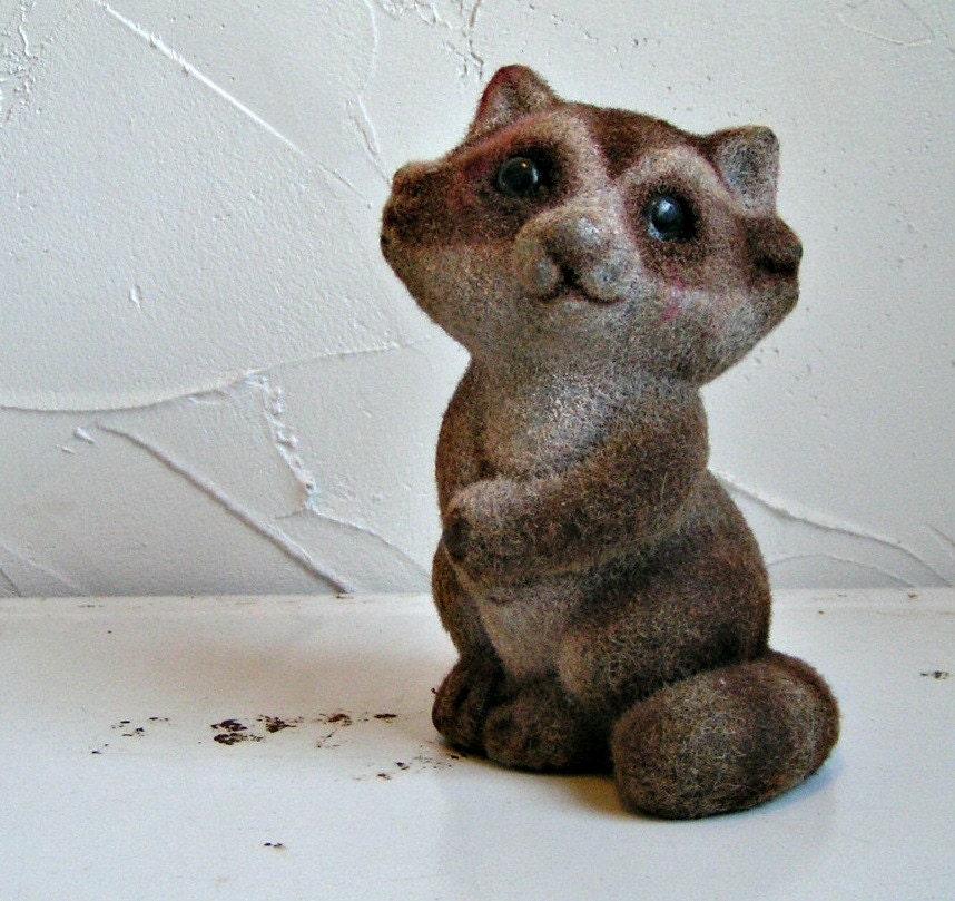 Fuzzy Felted Raccoon Bank. Vintage Cuteness
