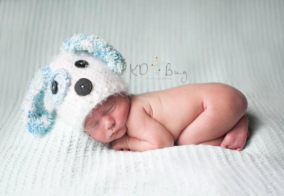 Crocheted White and Blue Puppy Hat Made to Order -You Choose Size Preemie to 2T