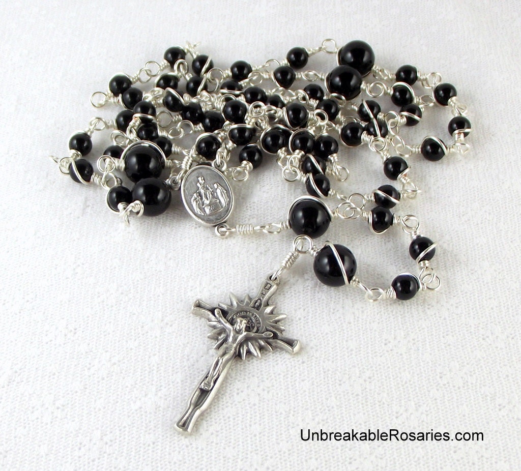 Virgin of Pompeii Wire Wrapped Rosary Beads in Black Onyx by Unbreakable Rosaries