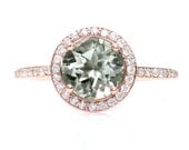 Rose Gold Green Amethyst Ring Diamond Halo Engagement Ring 14K White Yellow or Rose Gold Custom Bridal Jewelry