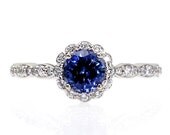 14K Blue Sapphire Engagement Ring with Diamond Halo Custom Sapphire Ring Bridal Jewelry