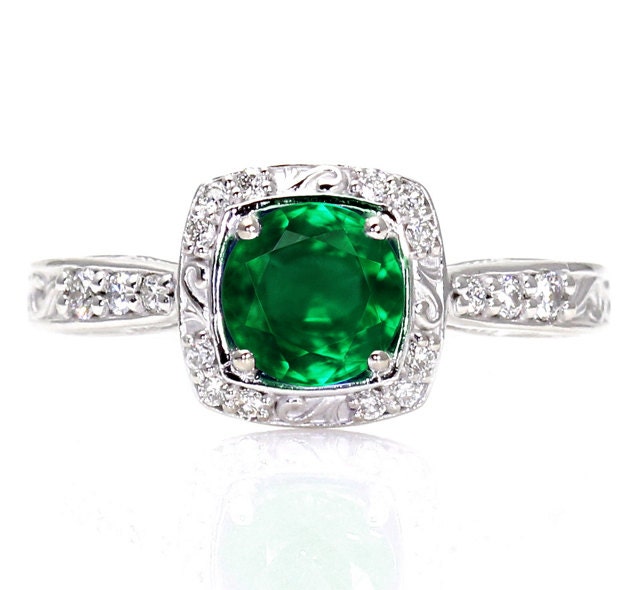 Art Deco Emerald Engagement Ring Diamond Halo 14K Emerald Ring Vintage Custom Bridal Jewelry