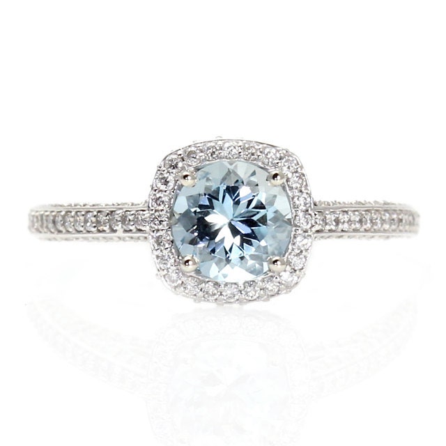 Aquamarine Engagement Ring Diamond Halo 14K White Yellow Rose Gold 18K Platinum Palladium Bridal Jewelry