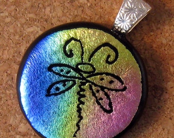 Etched Dragonfly Pendant Etched Glass Pendant Rainbow Jewelry Glass Jewelry Dragonfly Pendant