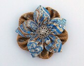 Upcycled Silk Blossom Brooch Blue Gold