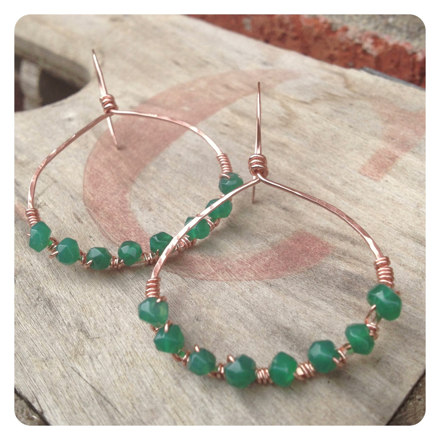 Lightweight Boho Teardrop Copper Wire Wrapped & Green Onyx  Dangle Hoops