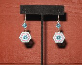 Geometric shaped beaded earrings in aqua and pink