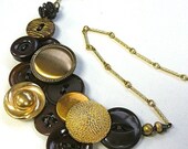 ON SALE Brassy Gold and Brown Vintage Button Necklace - Recycled Upcycled Repurposed