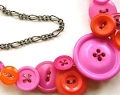 ON SALE Bright Orange and Pink Vintage Big Button Bib Funky Statement Necklace
