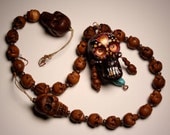 Carved Wood Sugar Skull Necklace Hand Painted Day of the Dead