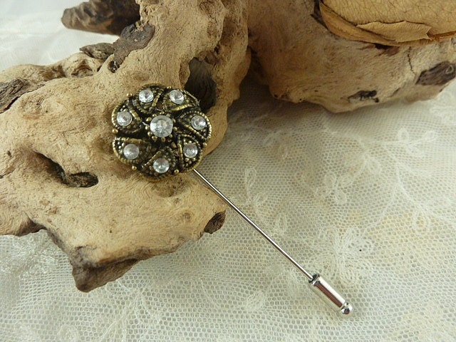 Button Lapel Pin,  Bronze with 8 Diamanté stones