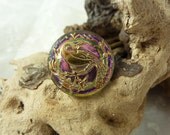 Button Ring  Rose,Gold, Green,   vintage Glass  Button with Peacock, Adjustable