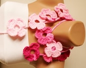 Flower Scarf, Handmade Crochet Pink white (battik) tones  Color Flower Lariat, Scarf, Necklace
