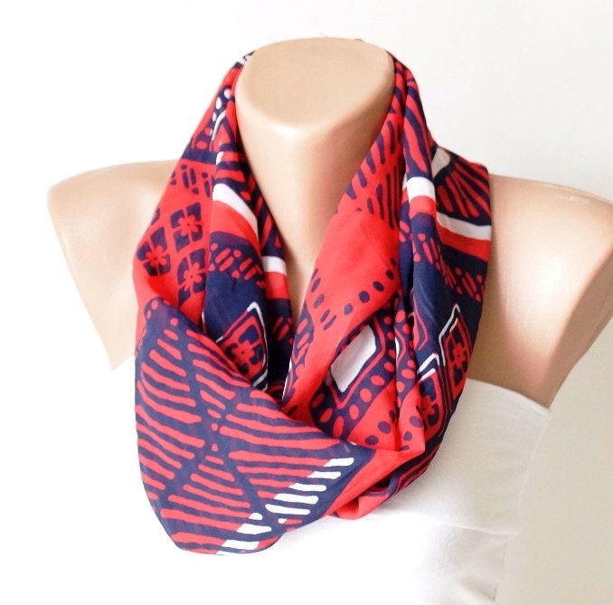 Infinity Scarf,Blue, red and white,  loop circle geometric handmade from Fabric linen