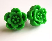 Bright Green Flower Earrings - Resin Cabochons on Posts