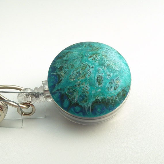 Magnetic Retractable ID Badge Reel Turquoise Swirls Cabochon on Clear Badge Reel