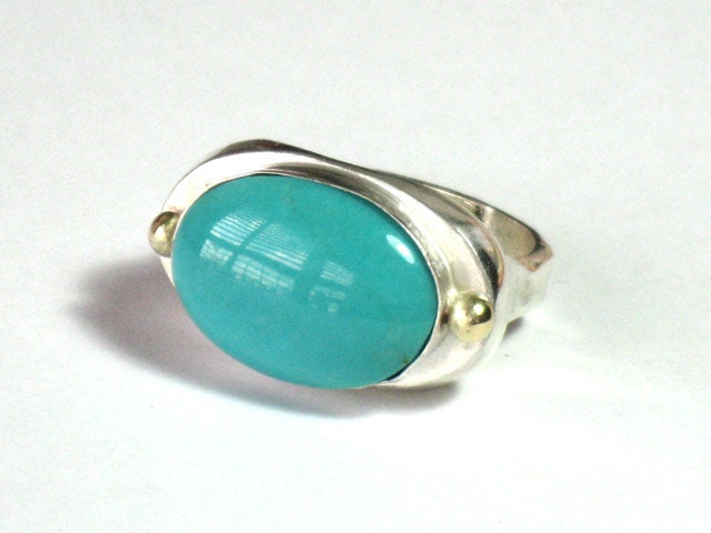 Turquoise Silver Gold Ring -Oval Gemstone Sterling Ring