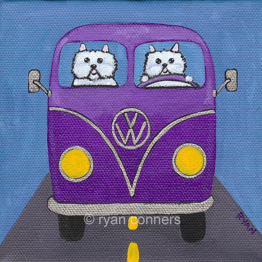 Westies in a Bus Folk Art Digital Print