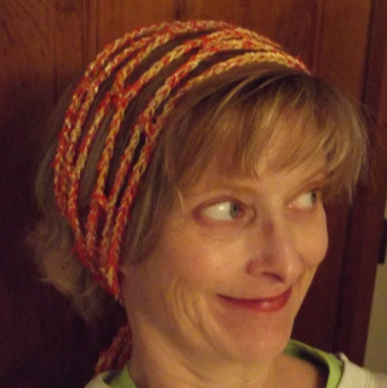 Crocheted Gypsy Headband, Hair Tie Convertible Exercise Workout, Orange Yellow Sparkle