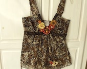 Embellished Summer Top, Boho Cami, Handmade Flowers, Silky Animal Print, Cowgirl Chic, Upcycled Vintage, Ladies Teens