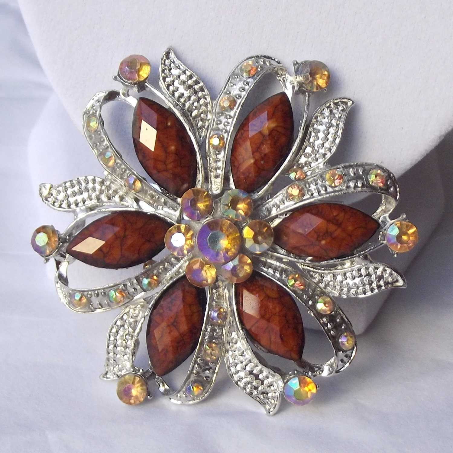 Vintage Flower Brooch, Collectible, Lucite Marquis Stones, Topaz Honey, Mid Century, Costume Jewelry
