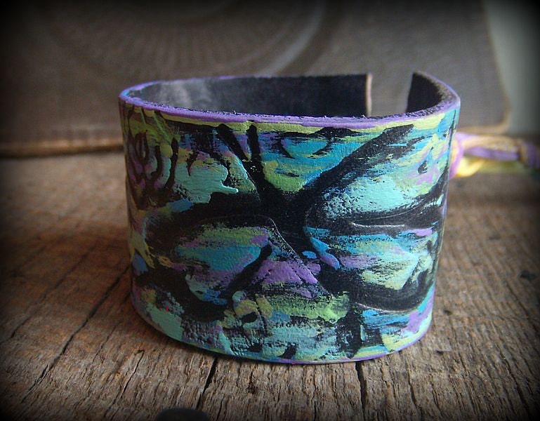 Hand Painted Leather Cuff Bracelet with Hand Dyed Silk, One of a Kind