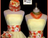 ON SALE /////// Vintage 50s Yellow Silk Chiffon Dress Floral Party Prom Sundress Hat Belt Purse Set XS S