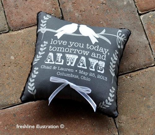 Ring Bearer Pillow - Love Bird Pillow with City/State - Yellow and Gray - Customize to your Wedding