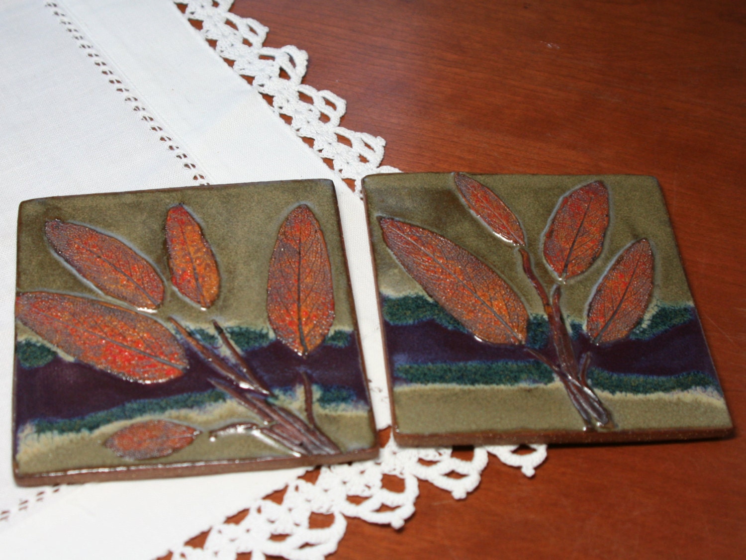 4 inch Sage Leaf Stoneware Tiles - Set of Two