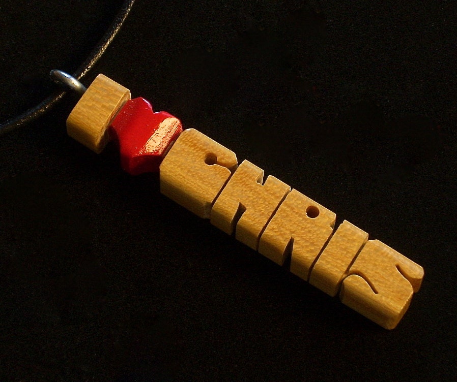Wood i Heart Name Pendant with Cord - Pau Amarello