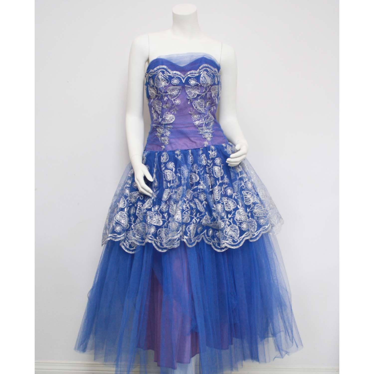 50's Vintage Blue Tulle Strapless Metallic Petal Prom Dress