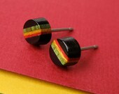Striped Rasta Colors Red Green Yellow Earrings, Flat Stud Earrings, Ebony Wooden Stud Earrings