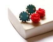 Stud Earrings in Red and Turquoise with Rose