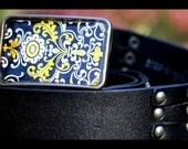The Anastasia Belt - Leather Belt with Black and Yellow Italian Tile Patterned Buckle