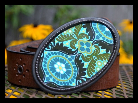 The Liza Belt -  Rich Brown, Turquoise and Lime Buckle with Brown Leather Strap.