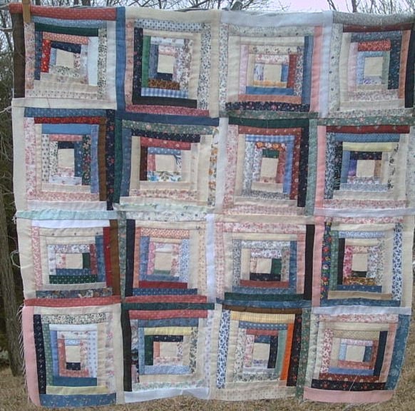 Scrappy Log Cabin Star quilt top for wall or crib quilt, table topper