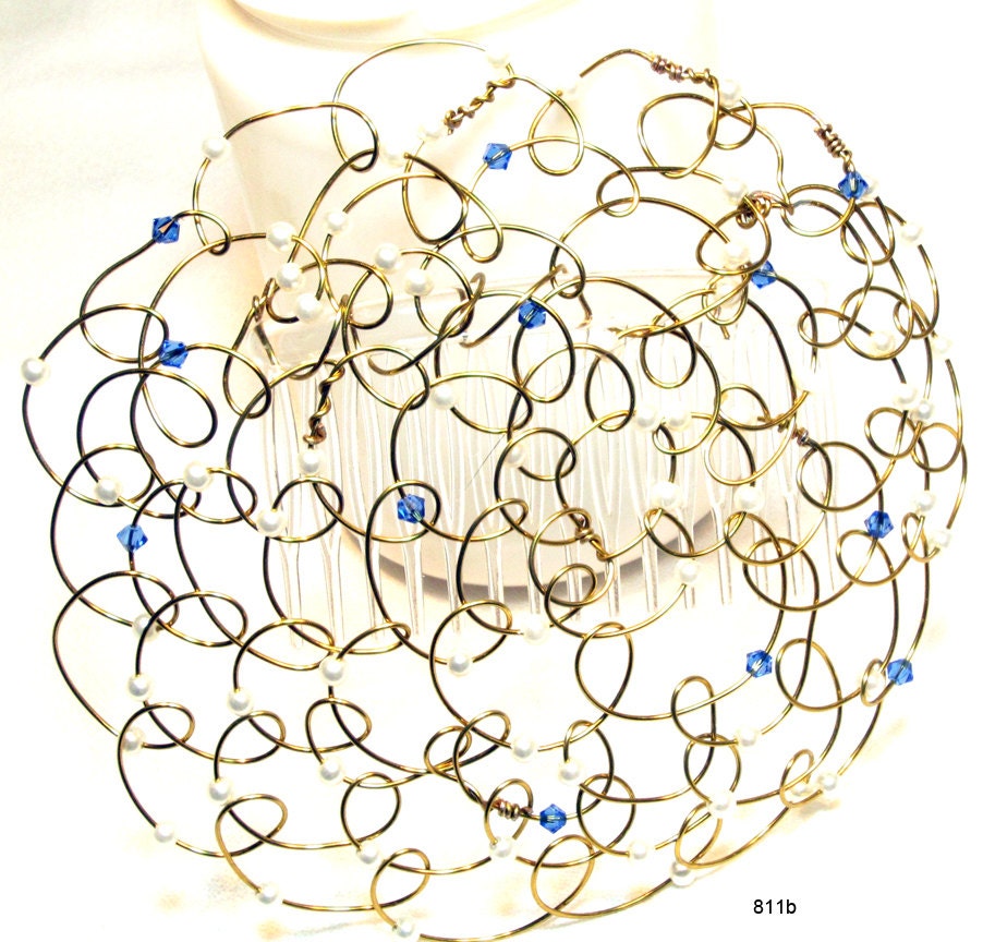 Beaded Wire Kippah -Gold Wire Sapphire Swarorvski Crystals White Pearls 5" 811b