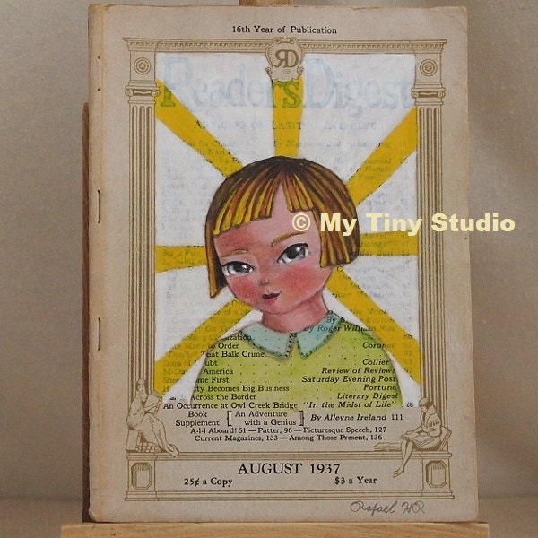 Original Drawing on  a vintage Readers Digest Magazine covers Upcycled Recycled mixed media
