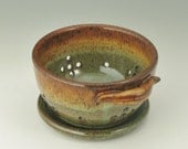Berry Bowl with Saucer and Cute Strap Handle, 2 Cup Veggie Strainer in Honey Brown and Sage Green, Ready to Ship