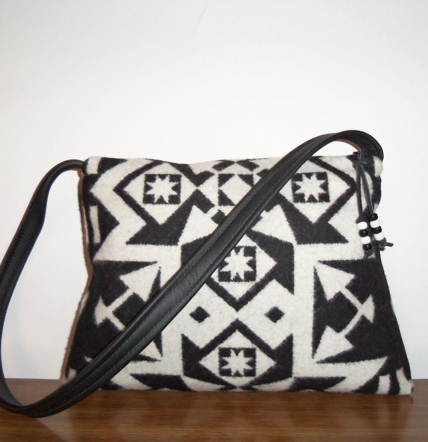 Purse Shoulder Bag Winter White Wool Black Leather