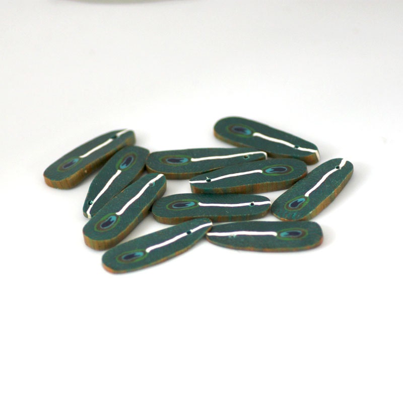 Peacock Feather Beads, Polymer Clay Peacock Beads, blue green 813