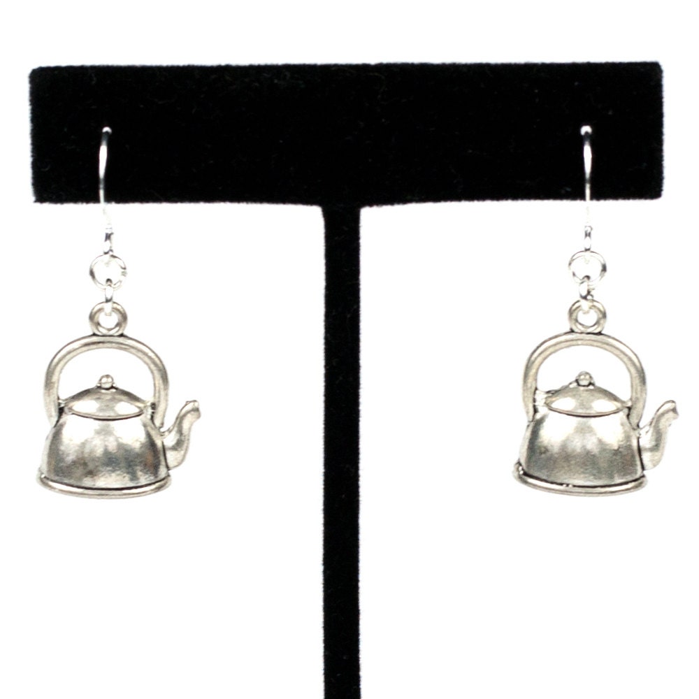 Charming Steampunk Antiqued Silver Tea Pot Kettle Earrings by Velvet Mechanism